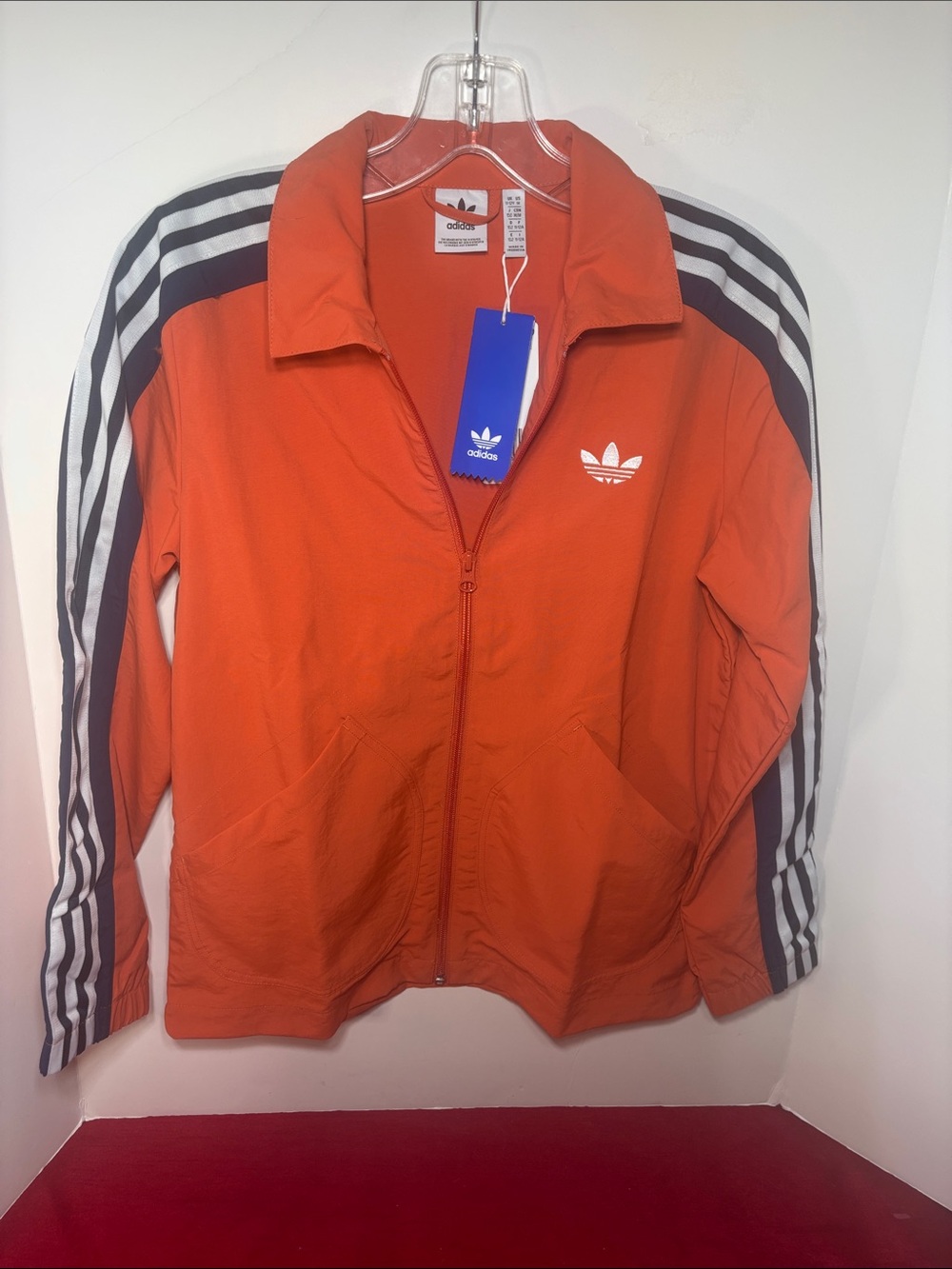 NWT Adidas Originals Kids Orange/Navy Blue 3-Stripe Coach Track Jacket